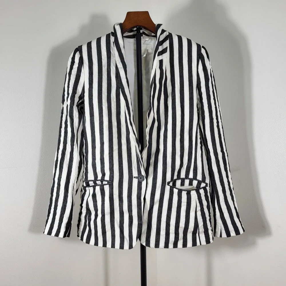 HM Womens Black White Striped Linen Blend Blazer Jacket Size 6 Single Button